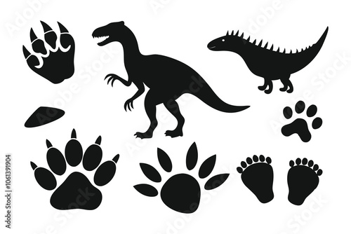 Dinosaur paw. Monster lizard footprint, dino black silhouette footstep set flat vector illustration on white background