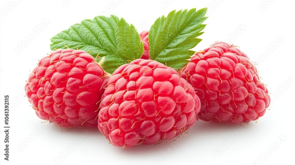 A close up of four red raspberries with green leaves A close up of four red raspberries with green leaves