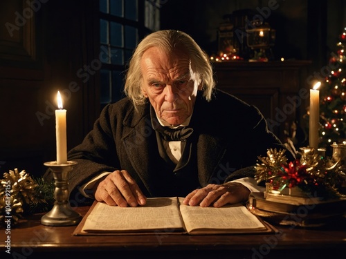 Ebenezer Scrooge sitting at his desk in his office, surrounded by shadows, embodying the cold, miserly character from Charles Dickens' A Christmas Carol photo