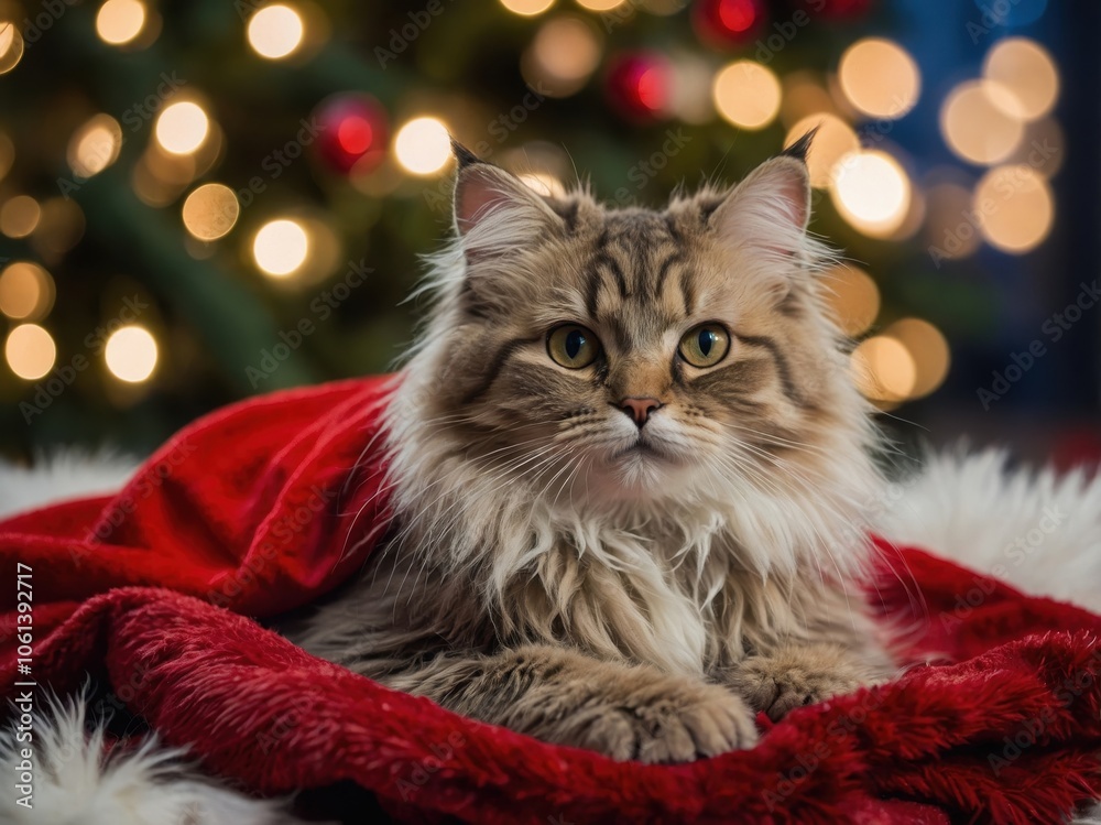 An adorable cat dressed in festive Christmas attire, complete with a jolly Santa hat and a colorful sweater, radiating holiday cheer and playfulness An adorable cat dressed in festive Christmas attire, complete with a jolly Santa hat and a colorful sweater, radiating holiday cheer and playfulness