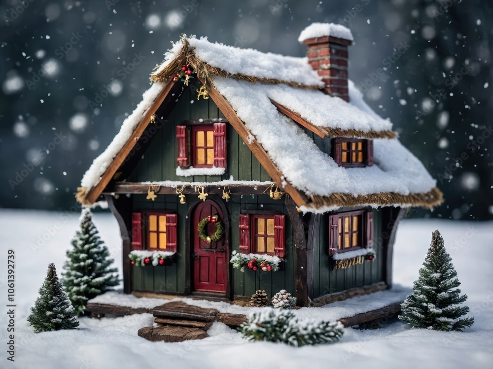 A charming small decorative Christmas house, intricately detailed with colorful accents, snow-covered roof, and twinkling lights, perfect for holiday decor A charming small decorative Christmas house, intricately detailed with colorful accents, snow-covered roof, and twinkling lights, perfect for holiday decor