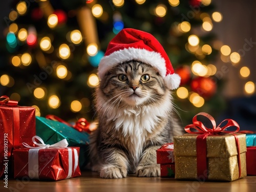 An adorable cat dressed in festive Christmas attire, complete with a jolly Santa hat and a colorful sweater, radiating holiday cheer and playfulness photo