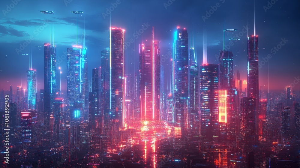Futuristic cityscape with neon lights and flying vehicles at night Futuristic cityscape with neon lights and flying vehicles at night