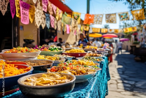 A table laden with colorful, delicious food at a Mexican street market. photo