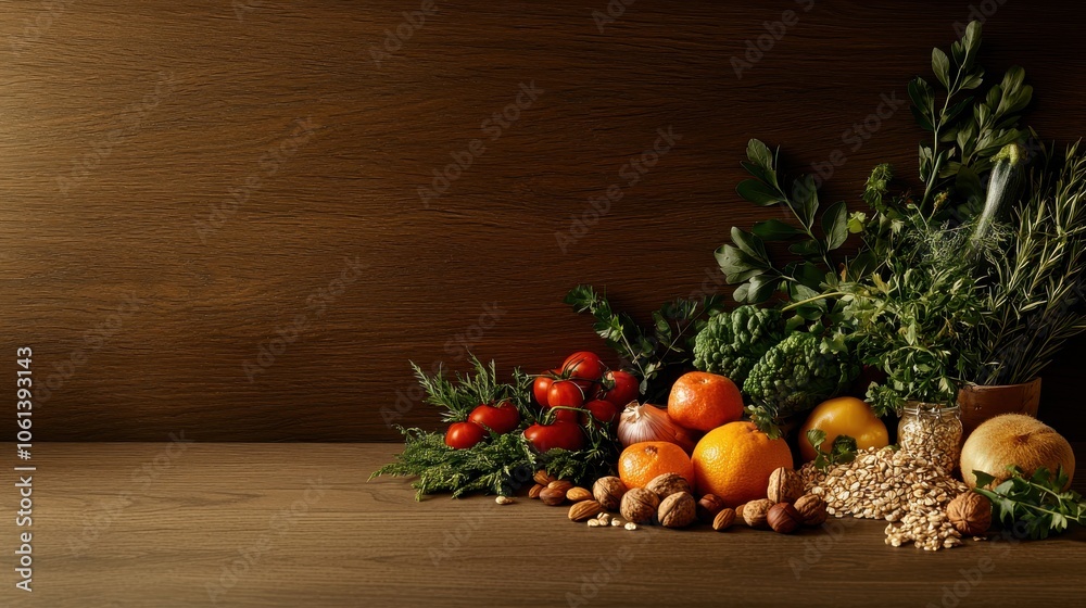 A vibrant spread of fresh fruits, vegetables, grains, and nuts on a rustic wooden table, arranged beautifully to showcase a balanced diet, emphasizing variety and natural colors. A vibrant spread of fresh fruits, vegetables, grains, and nuts on a rustic wooden table, arranged beautifully to showcase a balanced diet, emphasizing variety and natural colors.
