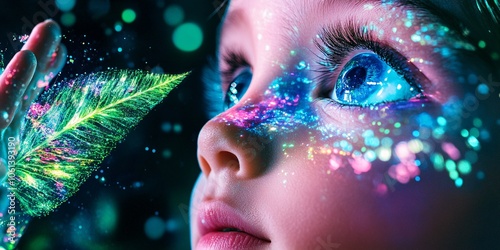 A child's face, surrounded by a holographic forest. They are reaching out to touch a glowing leaf. technology theme. 