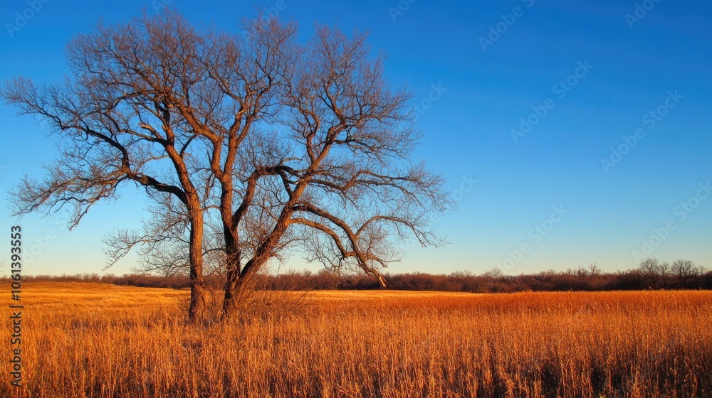 Solitary Tree in Golden Field Under Clear Blue Sky Solitary Tree in Golden Field Under Clear Blue Sky