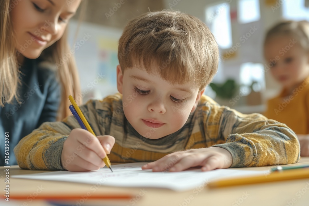 A preschool child focused on completing a developmental task using a pencil on paper, enhancing fine motor skills and creativity A preschool child focused on completing a developmental task using a pencil on paper, enhancing fine motor skills and creativity
