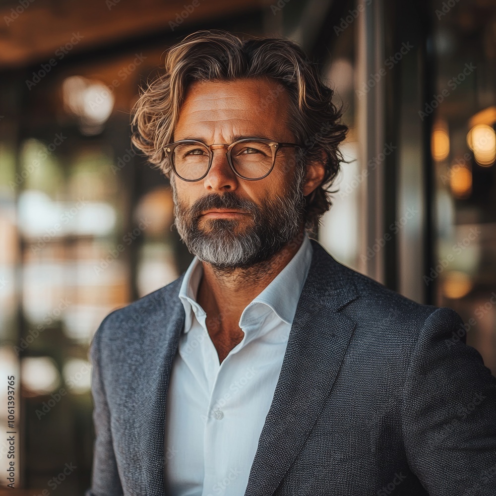 Confident Middle Aged Man in Suit Glasses and White Shirt Confident Middle Aged Man in Suit Glasses and White Shirt