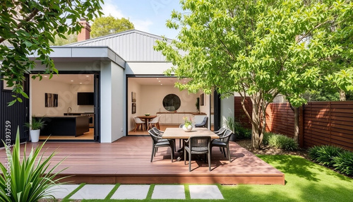 Wooden deck overlooking a pool, surrounded by lush greenery and comfortable outdoor furniture photo