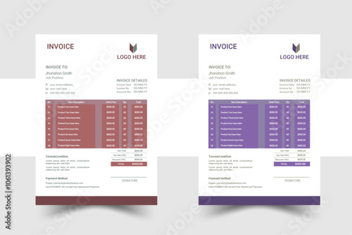 Creative, modern, unique, clean, and professional corporate company business letterhead and invoice template design with color and concept variation bundle.Modern business invoice bill template.