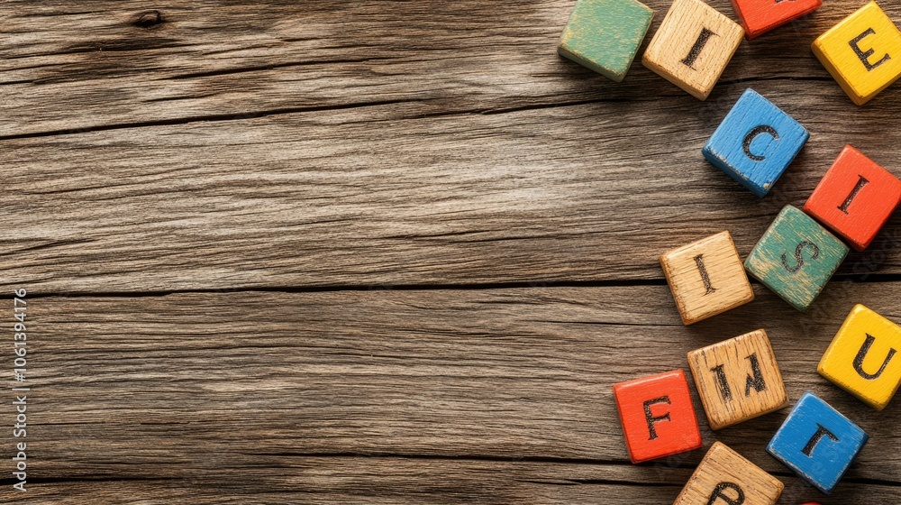 Obraz premium Colorful Wooden Blocks on Rustic Wooden Surface