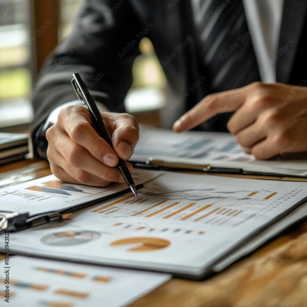 Businessman Analyzing Financial Charts and Data with Pen Businessman Analyzing Financial Charts and Data with Pen