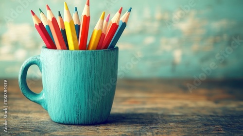 Colorful Pencils in a Teal Mug on Rustic Table