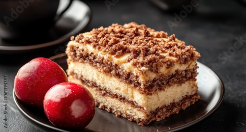 Delicious homemade crumb cake with fresh strawberries photo