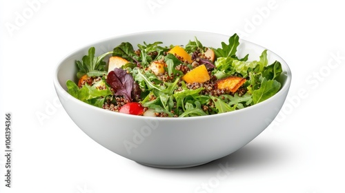 Bowl of quinoa salad with roasted vegetables, leafy greens, and a sprinkle of seeds, arranged with vibrant colors and textures that highlight the essence of healthy eating