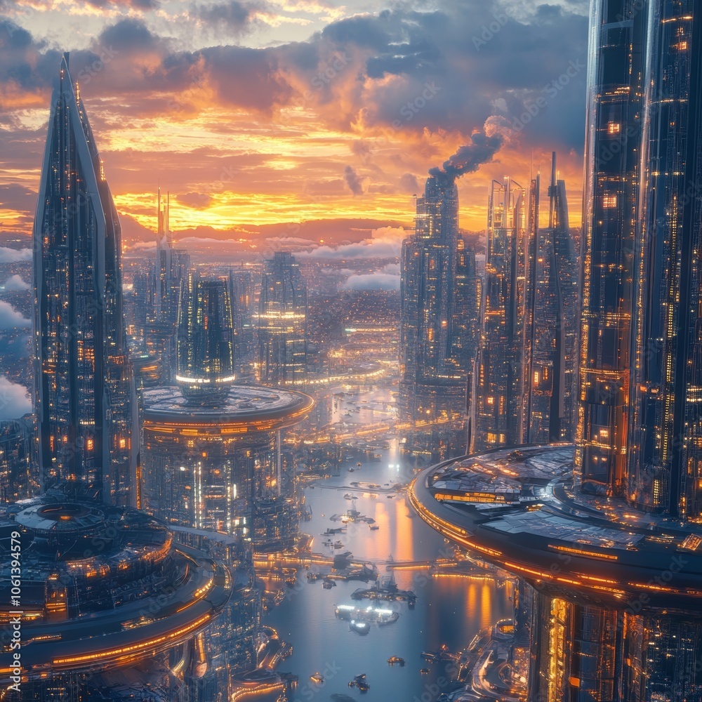 Fototapeta premium Futuristic Cityscape with Sunset Sky and Waterway