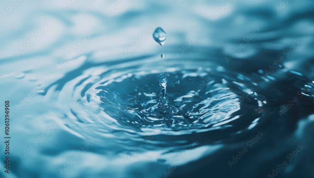 Water Droplet Splash with Ripples on Light Blue Background, Featuring Sunlight Reflections and Natural Liquid Texture for Cosmetic Product Advertising Water Droplet Splash with Ripples on Light Blue Background, Featuring Sunlight Reflections and Natural Liquid Texture for Cosmetic Product Advertising