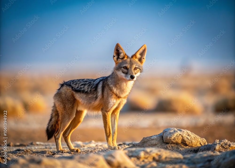 Fototapeta premium In the arid wilderness, sharp-eyed jackals hunt, embodying survival instincts through keen senses, camouflage, and adaptation, balancing their role in the desert's intricate ecosystem.