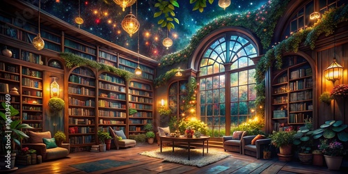 Enchanted Nighttime Library with Whimsical Book Collection Featuring Colorful Illustrations, Magical Atmosphere, Starry Sky, and Dreamy Lighting for Imaginative Storytelling