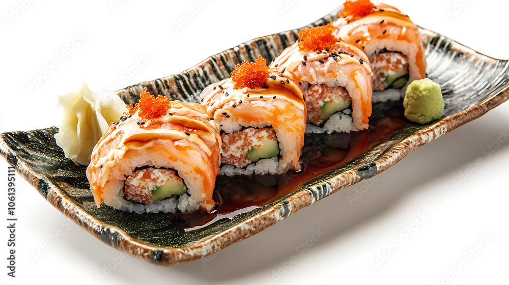 Delicious sushi rolls with salmon, wasabi, and soy sauce on plate Delicious sushi rolls with salmon, wasabi, and soy sauce on plate