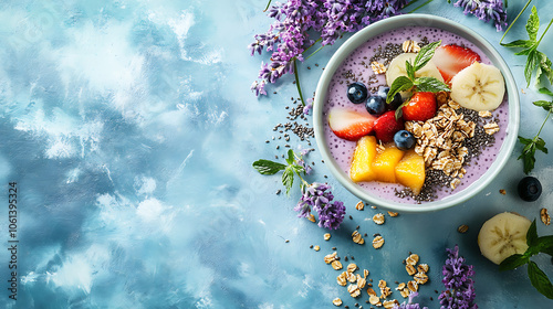 Smoothie bowl with tropical fruits, granola, and chia seeds, garnished with mint