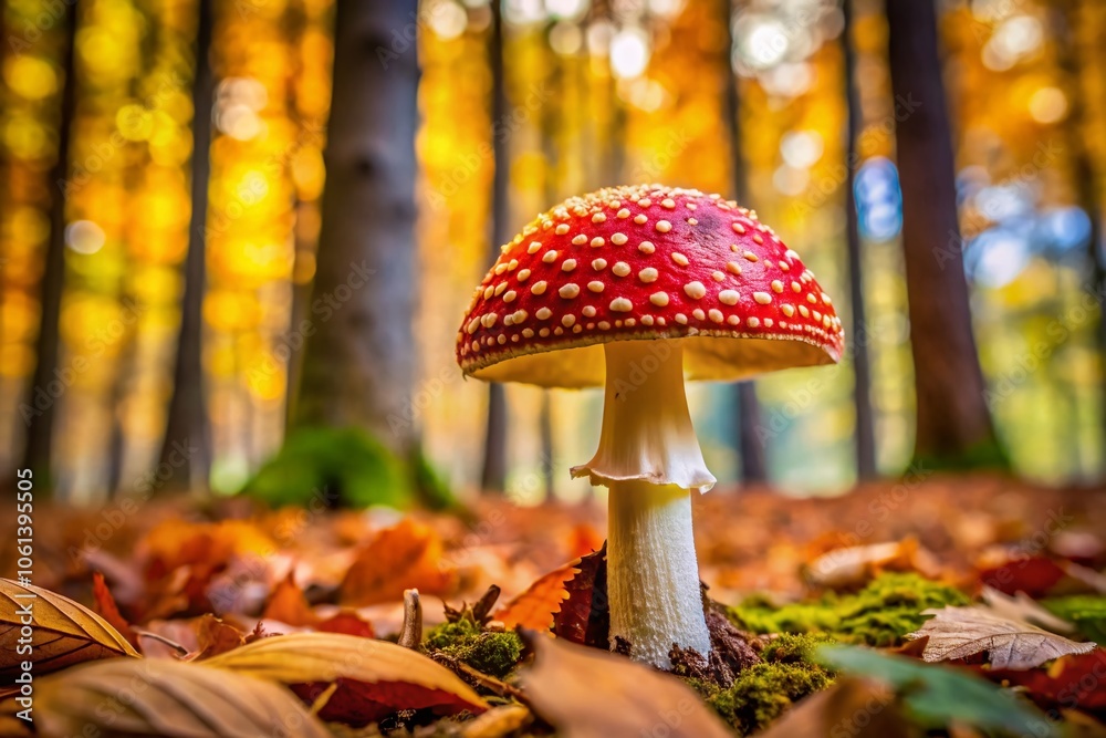 Enchanting Amanita Muscaria in Autumn Forest - Captivating Red and White Toadstool Mushroom Close-Up from Frog Perspective in Iserlohn Sauerland Germany Enchanting Amanita Muscaria in Autumn Forest - Captivating Red and White Toadstool Mushroom Close-Up from Frog Perspective in Iserlohn Sauerland Germany
