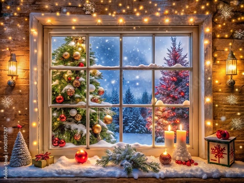 Enchanting Christmas Window View with Twinkling Lights and Soft Snowfall - A Cozy Holiday Atmosphere