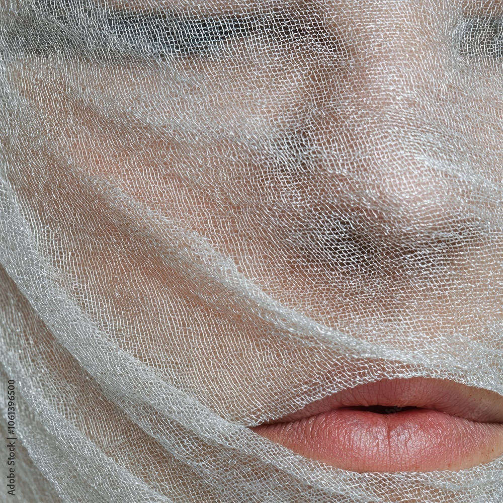 close-up of a woman's lips behind a sheer fabric close-up of a woman's lips behind a sheer fabric