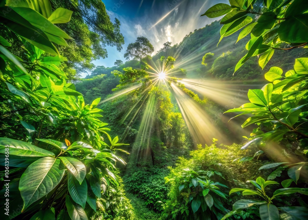 Obraz premium Long Exposure of Lush Green Leaves in Tulungagung, October 21, 2024, Capturing Nature's Serenity and Vibrant Daylight in a Beautiful Landscape Scene