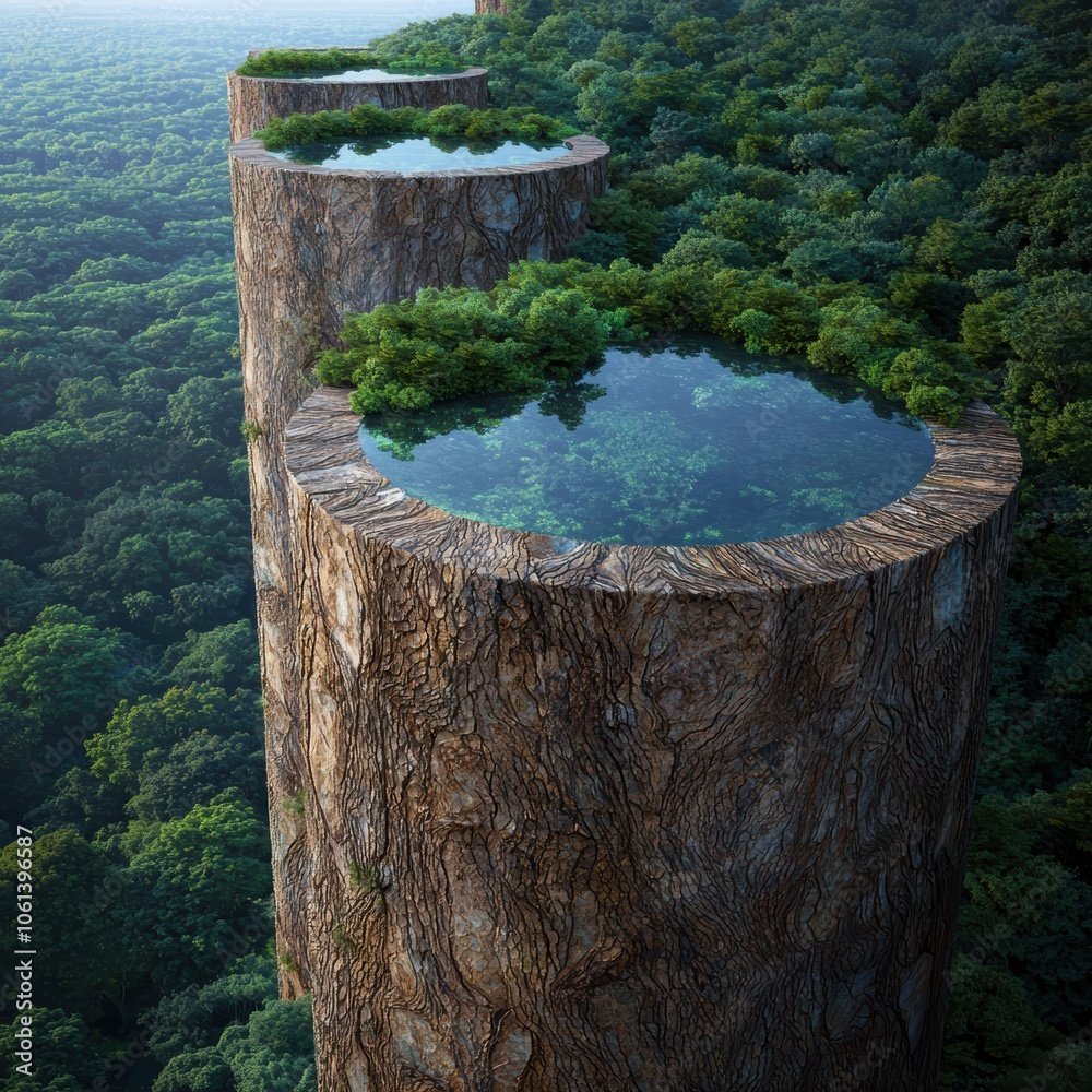 Fototapeta premium Surreal tree stump oasis in lush forest landscape