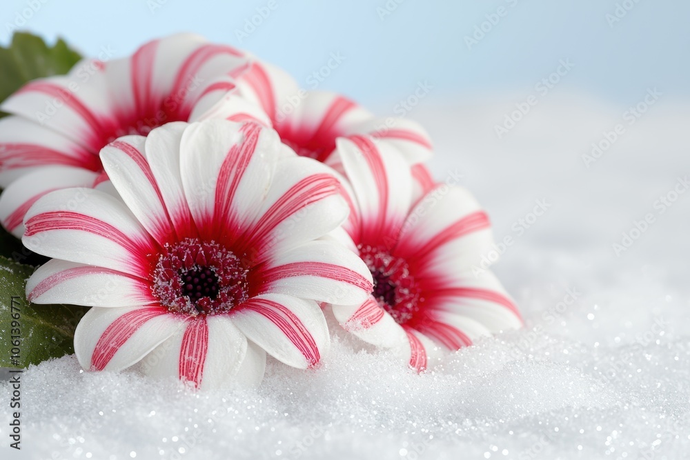 beautiful white and pink gerbera daisy flowers in snow