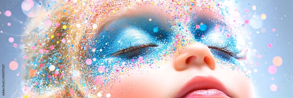 A child's face, covered in colorful digital paint splatters, as if they are creating art with their mind. technology theme. A child's face, covered in colorful digital paint splatters, as if they are creating art with their mind. technology theme.