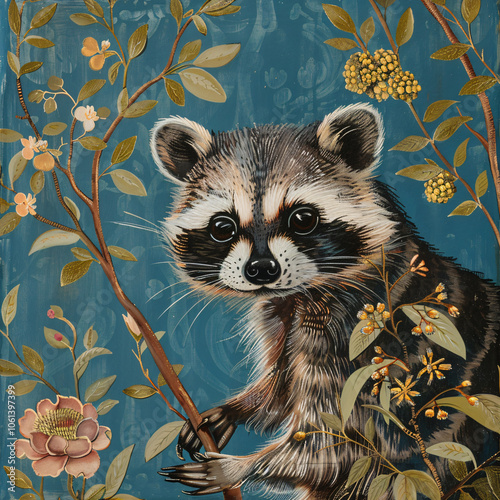 Chinoiserie raccoon intricate floral patterns, delicate lantern details, vintage wildlife, charming nature scene design, high-quality decor,art,print,victorian,ansian,japanese,chinese,muted,forest,