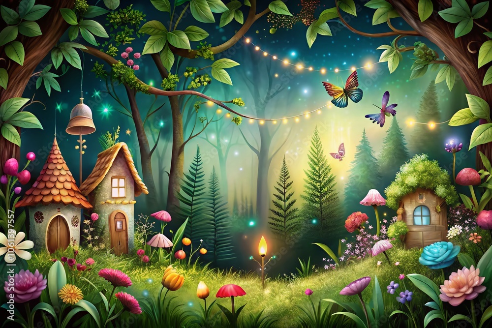 Enchanting Vector Seamless Border with Forest Plants and Fairy House Background for Kids’ Illustrations, Decorative Frames, and Creative Crafts Enchanting Vector Seamless Border with Forest Plants and Fairy House Background for Kids’ Illustrations, Decorative Frames, and Creative Crafts
