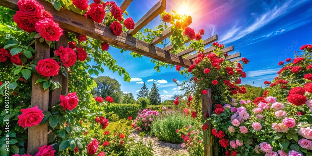 Obraz premium Enchanting Trellis Covered in Vibrant Climbing Roses in Full Bloom, Capturing the Essence of Garden Beauty and Romantic Landscapes