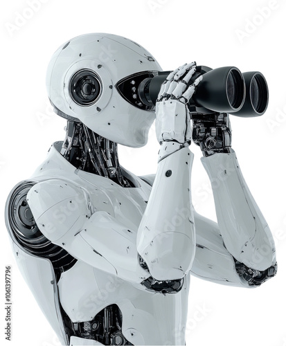 futuristic robot with sleek design is using binoculars to observe its surroundings. advanced technology and intricate details of its structure highlight blend of robotics and exploration