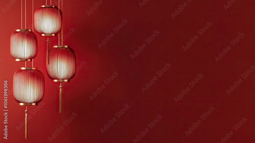 Elegant Red Lanterns Hanging Against Solid Background Elegant Red Lanterns Hanging Against Solid Background