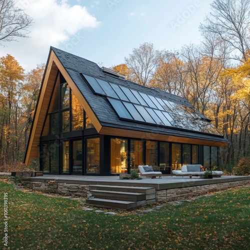 Modern A Frame Home with Solar Panels and Deck in Autumn Forest