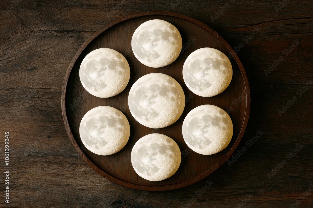 Illuminated moon phases on wooden tray