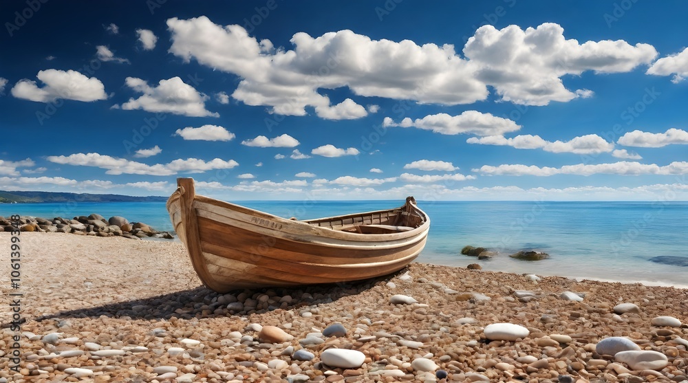 Wooden boat resting on a pebble beach.generative.ai Wooden boat resting on a pebble beach.generative.ai