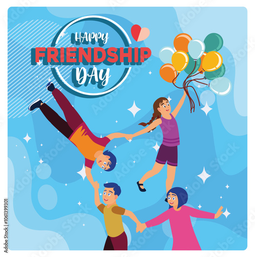 A group of children holding hands and playing with balloons. Children celebrate Friendship Day. Friendship Day concept. Flat vector illustration.