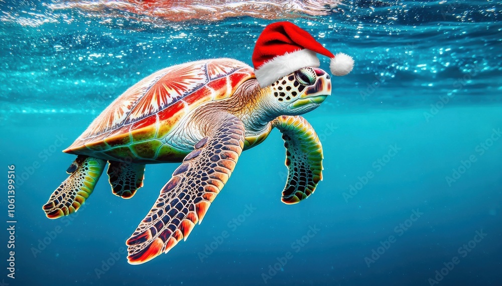 Fototapeta premium A festive turtle wearing a Santa hat swims gracefully in the ocean, blending holiday cheer with marine life.