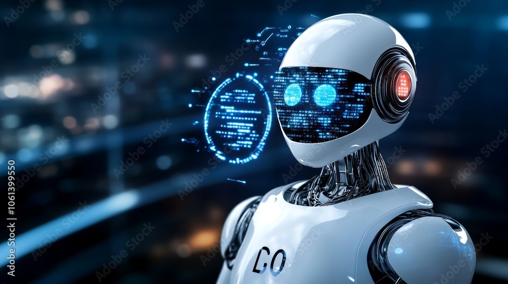 Fototapeta premium Futuristic AI Robot with Digital Interface and Code Artificial Intelligence Concept