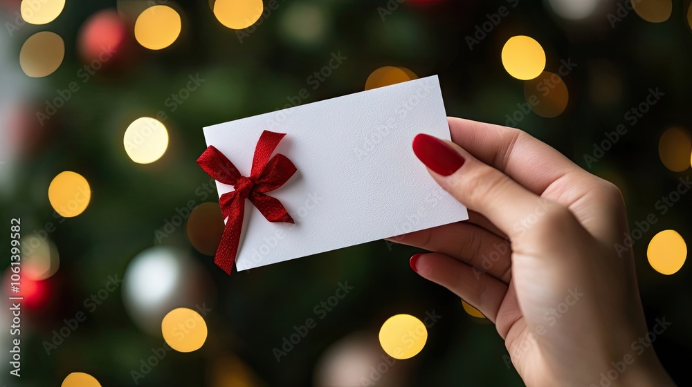 A hand holding a white card with a red bow against a blurred Christmas lights background. A hand holding a white card with a red bow against a blurred Christmas lights background.