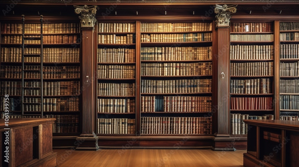 Obraz premium Wooden Bookcases Filled with Books in Library Setting