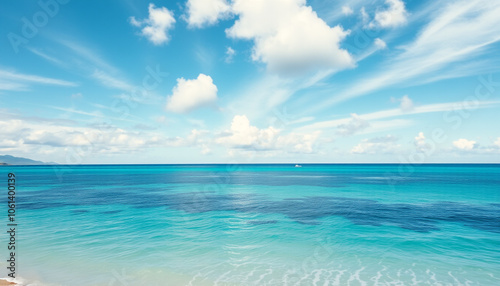Beachscape with pristine sand, turquoise waters, and a vibrant blue sky