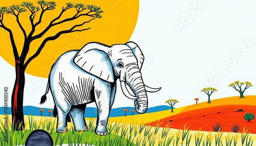 A playful elephant stands under a vibrant sun in a colorful landscape photo