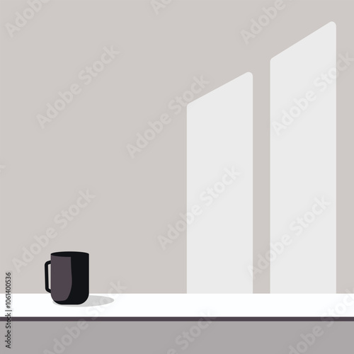 Black cup on a white table against a gray wall. Minimalistic monochrome background, vector.
