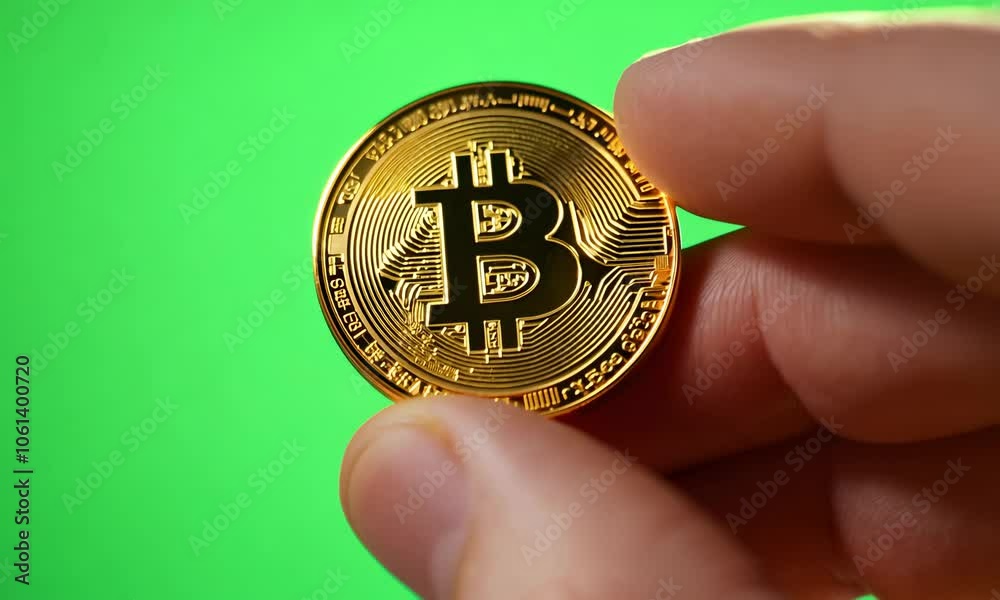 Hand Businessman Holding One Gold Bitcoin Coin on Isolated green screen Background